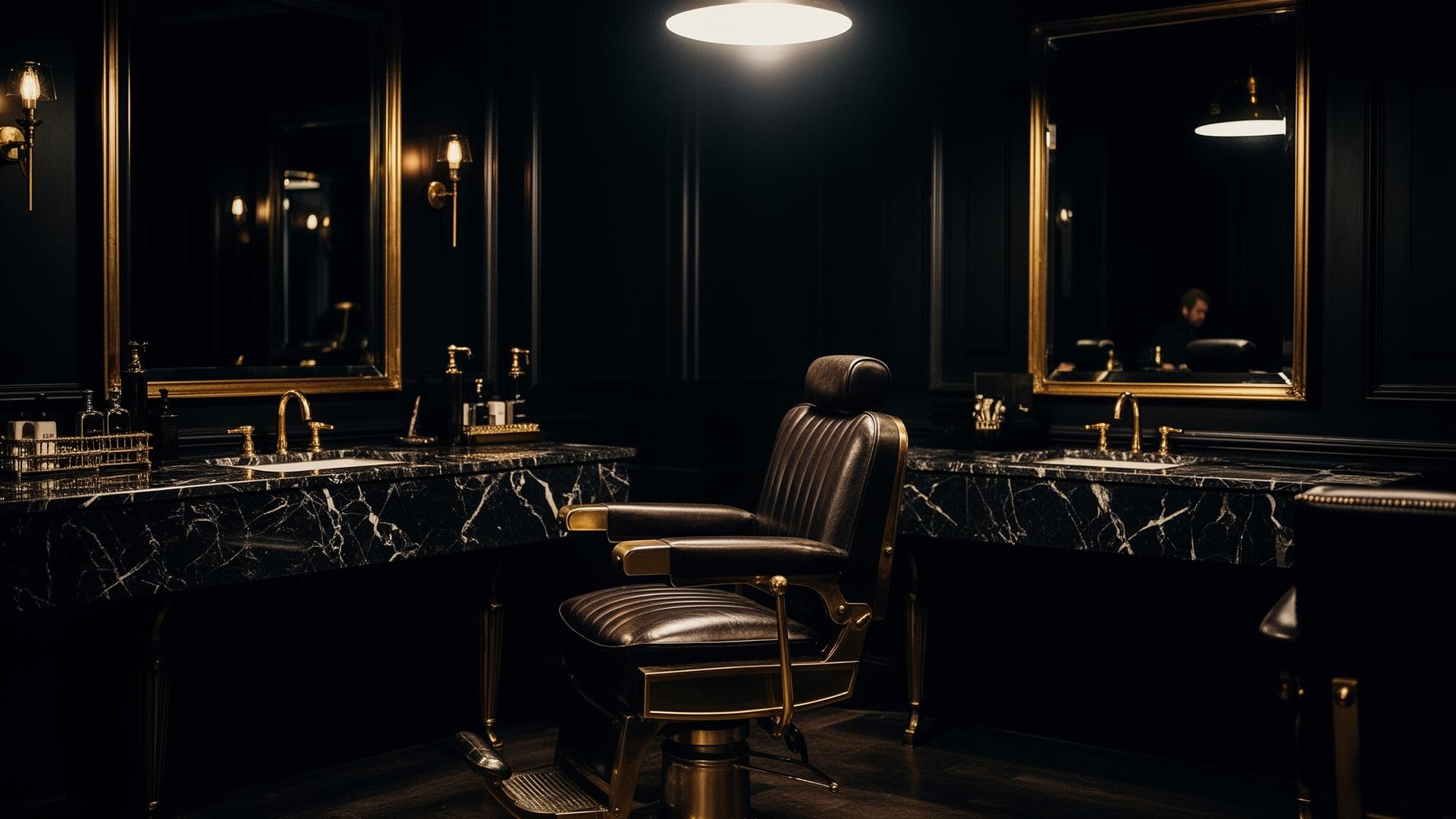 Luxe dark barbershop interior with brass fixtures
