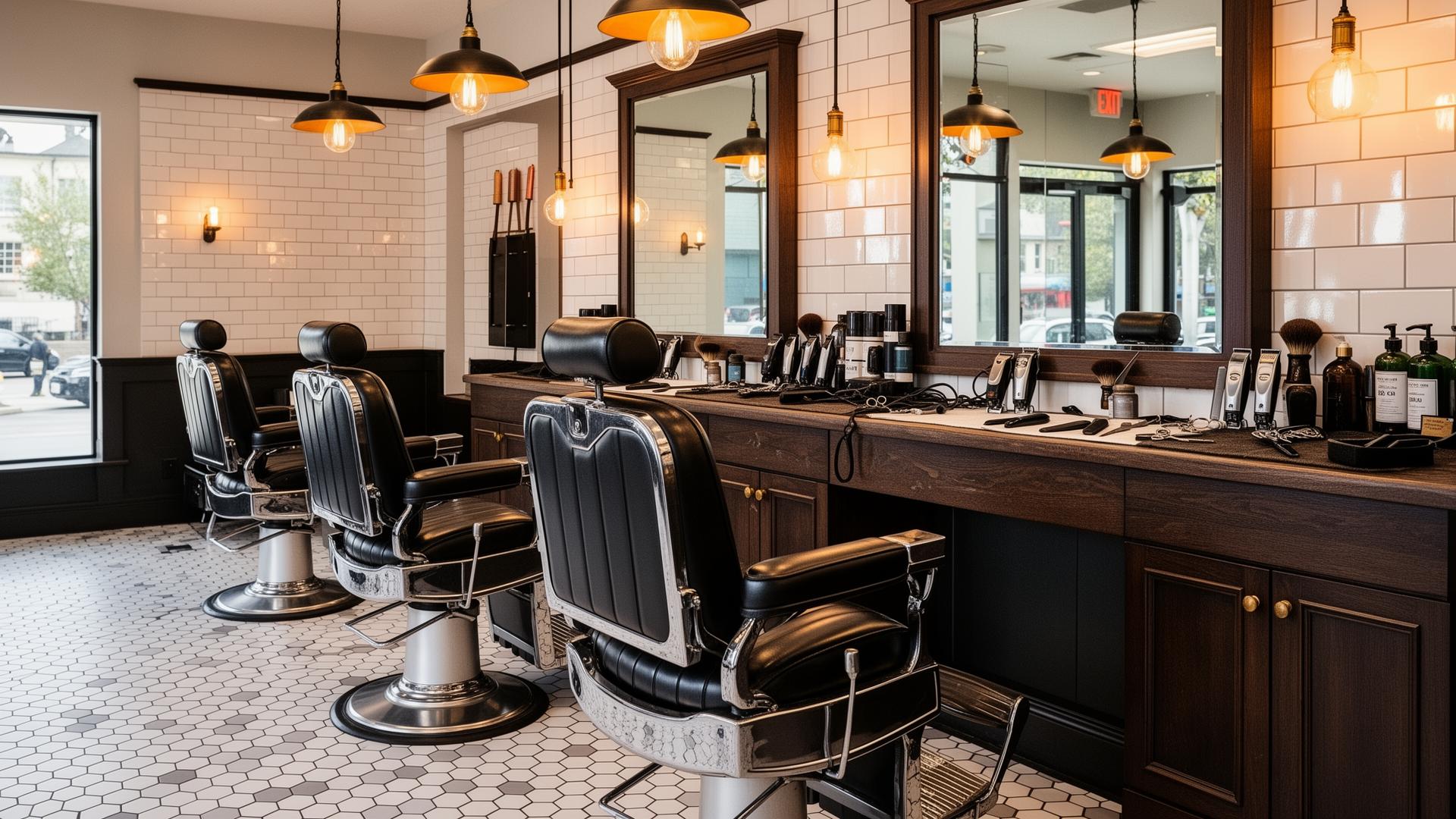 Luxe dark barbershop interior with brass fixtures